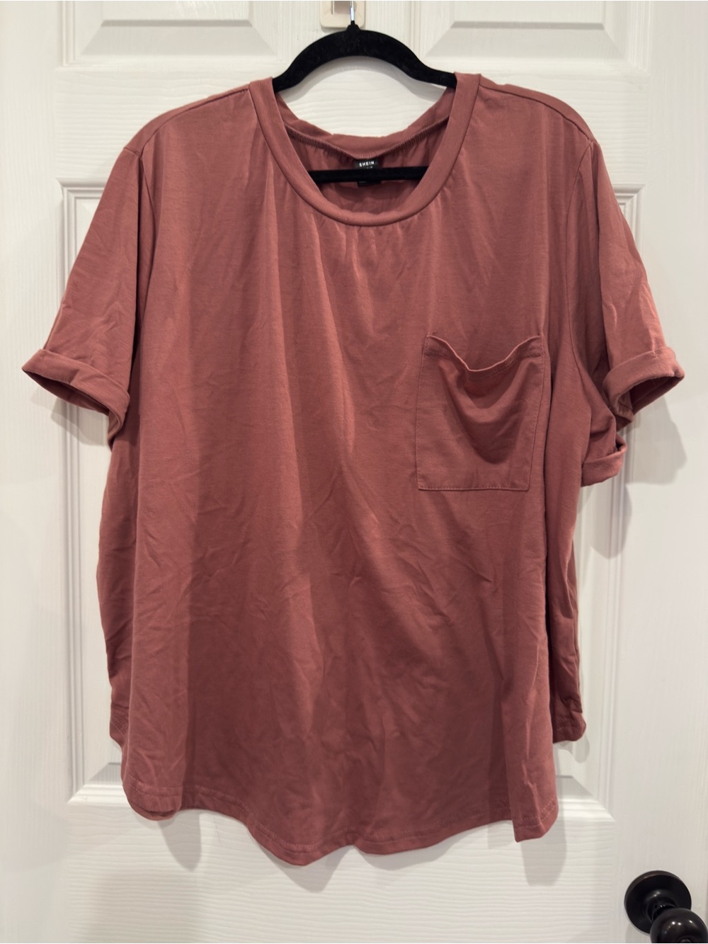 Dusty Rose Relaxed Short Sleeve Pocket Tee Rounded Hem Casual Top